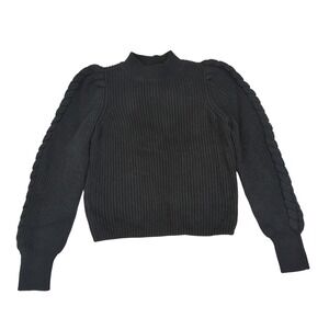 525 America Womens Medium Black Cotton Knit Braided Sleeve Mock Neck Sweater‎